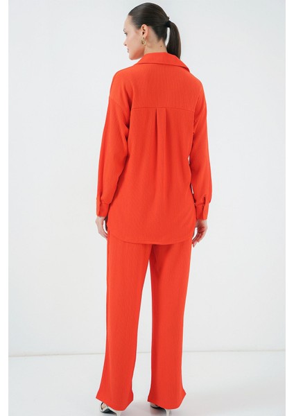 Kadın BDART Düğmeli Yaka ile Doku Detaylı Uzun Kollu Triko Takım Parlak Turuncu