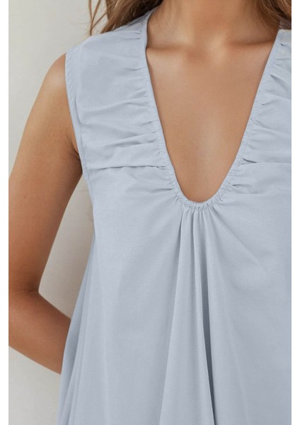 Kadın U Yaka A-Form Mini Elbise Bebek Mavisi