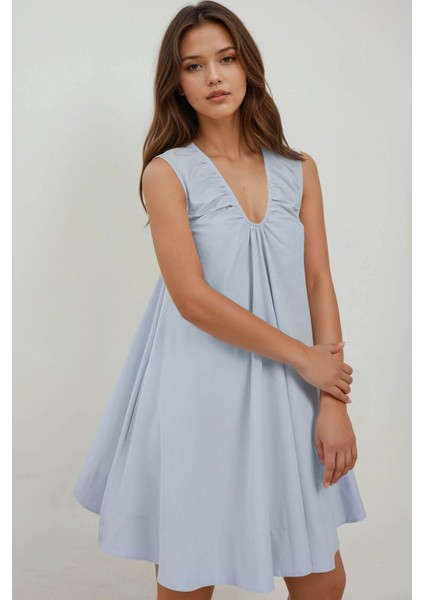 Kadın U Yaka A-Form Mini Elbise Bebek Mavisi