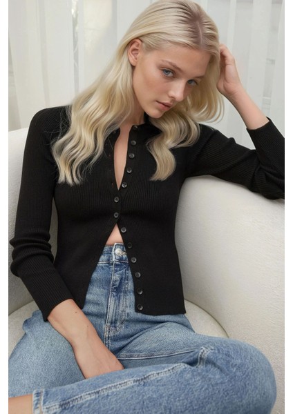 Kadın Uzun Kollu Düğmeli Hırka Black