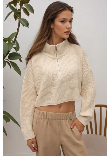 Kadın Kalın Örme Kısa Kazak Fildişi Doğal