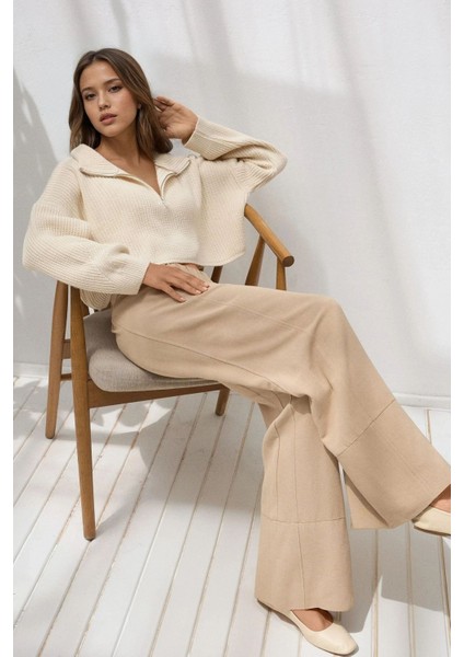 Kadın Kalın Örme Kısa Kazak Fildişi Doğal