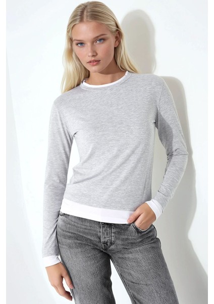 Kadın Bisiklet Yaka Uzun Kol Örme Bluz Açık Gri