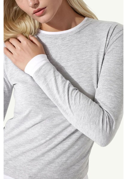 Kadın Bisiklet Yaka Uzun Kol Örme Bluz Açık Gri