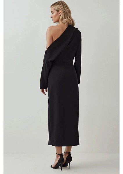 Kadın Asimetrik Yaka Yırtmaçlı Bodycon Midi Elbise Black