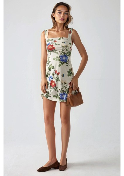 Kadın Kare Yaka Desenli Vücuda Oturan Likralı Esnek Mini Elbise Çok Renkli