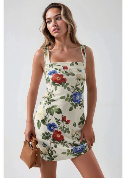 Kadın Kare Yaka Desenli Vücuda Oturan Likralı Esnek Mini Elbise Çok Renkli