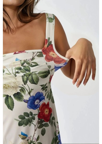 Kadın Kare Yaka Desenli Vücuda Oturan Likralı Esnek Mini Elbise Çok Renkli