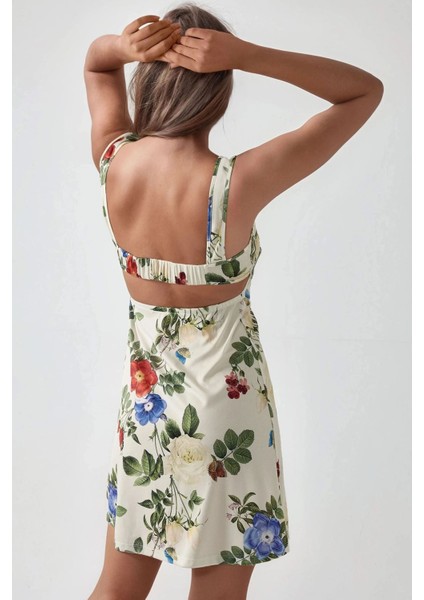 Kadın Kare Yaka Desenli Vücuda Oturan Likralı Esnek Mini Elbise Çok Renkli