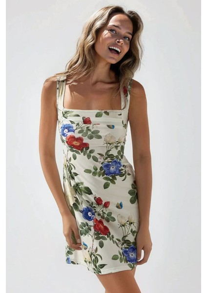 Kadın Kare Yaka Desenli Vücuda Oturan Likralı Esnek Mini Elbise Çok Renkli