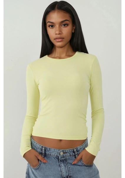 Kadın Uzun Kollu Yuvarlak Yaka Esnek Üst Yellow
