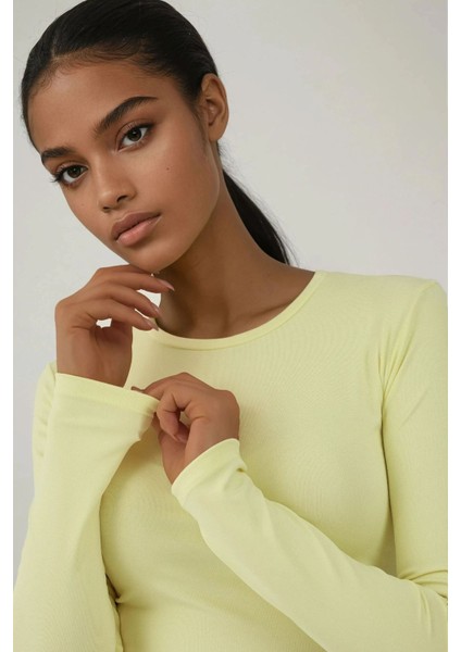 Kadın Uzun Kollu Yuvarlak Yaka Esnek Üst Yellow
