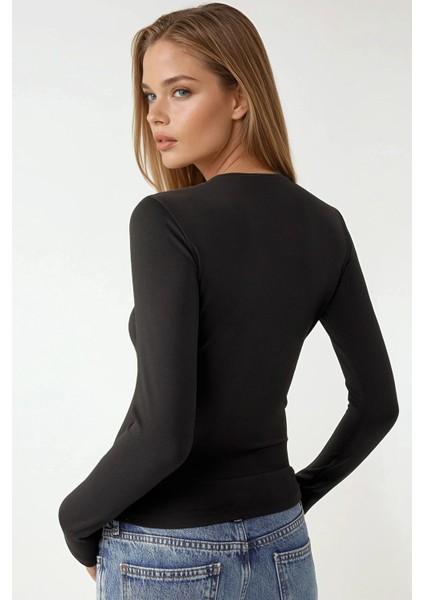 Kadın Uzun Kollu Yuvarlak Yaka Esnek Üst Black