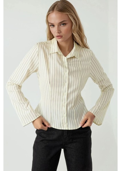 Kadın Slim Fit Çizgili Gömlek Limon Sarısı