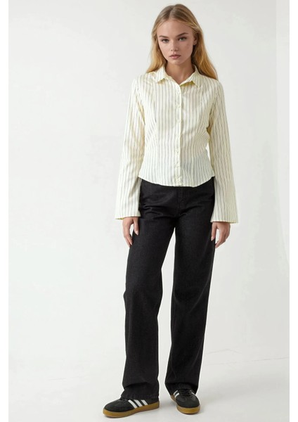 Kadın Slim Fit Çizgili Gömlek Limon Sarısı