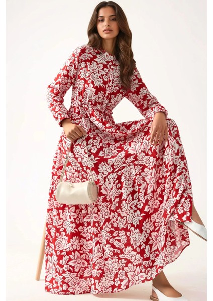 Kadın Gömlek Yaka Desenli Viskon Modest Elbise Red