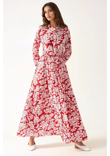 Kadın Gömlek Yaka Desenli Viskon Modest Elbise Red