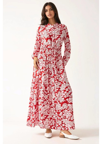 Kadın Gömlek Yaka Desenli Viskon Modest Elbise Red