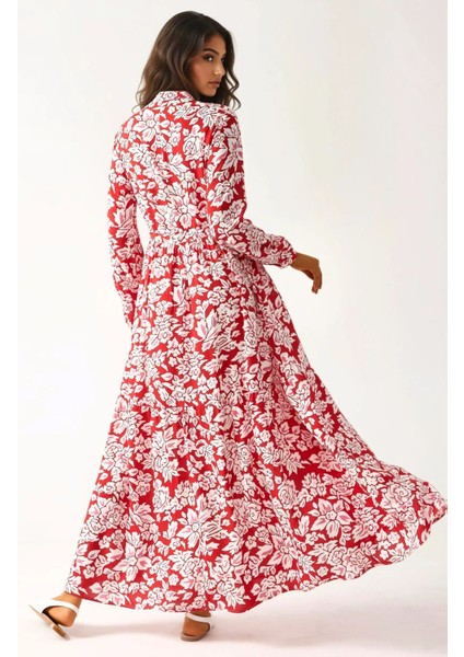 Kadın Gömlek Yaka Desenli Viskon Modest Elbise Red