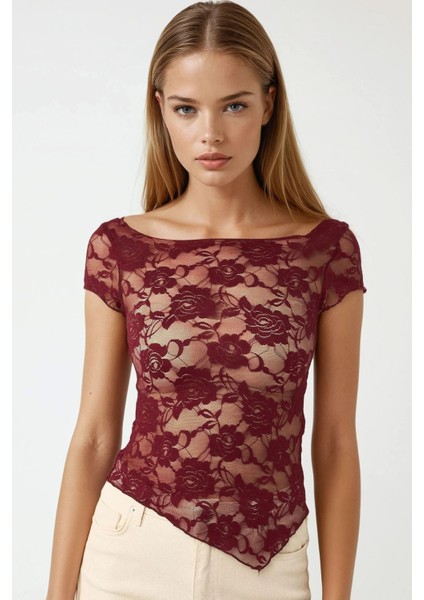 Kadın Çiçekli Dantel Kısa Üst Pika Koleksiyonu Bordo Kırmızı
