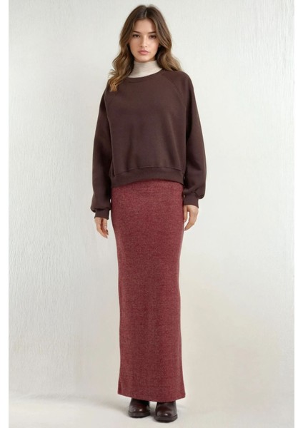 Kadın Elastik Bel Yumuşak Dokulu Yırtmaçlı Etek Bordo Kırmızı