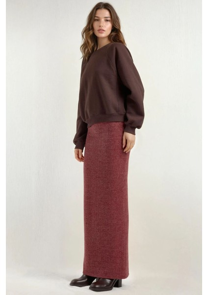 Kadın Elastik Bel Yumuşak Dokulu Yırtmaçlı Etek Bordo Kırmızı