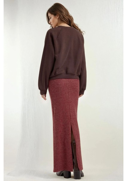 Kadın Elastik Bel Yumuşak Dokulu Yırtmaçlı Etek Bordo Kırmızı