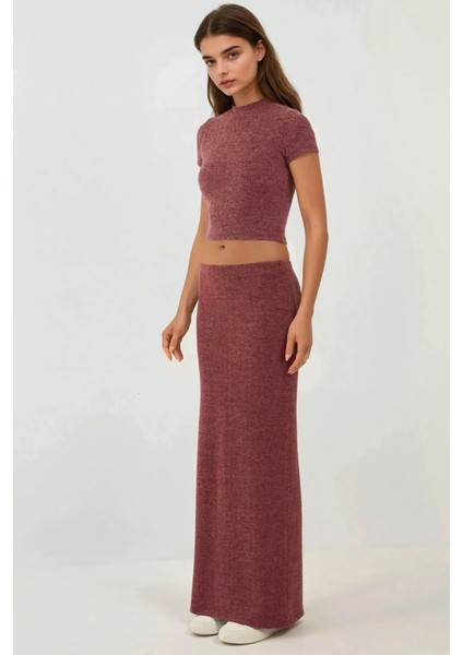 Kadın Elastik Bel Yumuşak Dokulu Yırtmaçlı Etek Bordo Kırmızı