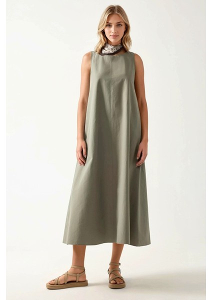 Kadın Mixray Collection Bisiklet yaka, kolsuz A-Form Maxi Elbise Green