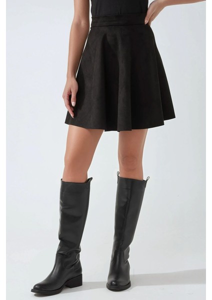 Kadın Süet Yüksek Bel Mini Etek Black