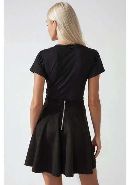 Kadın Süet Yüksek Bel Mini Etek Black