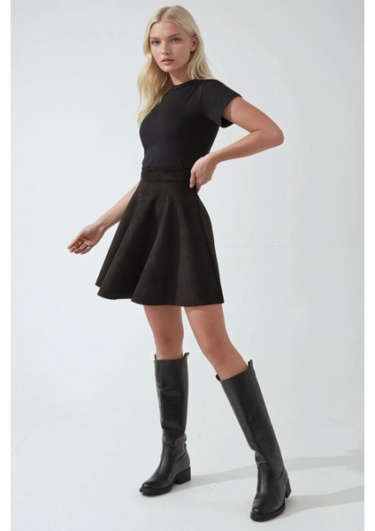 Kadın Süet Yüksek Bel Mini Etek Black