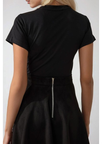 Kadın Süet Yüksek Bel Mini Etek Black