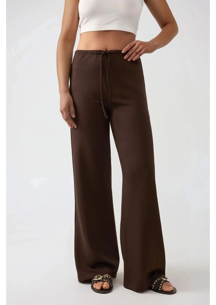 Kadın Geniş Paça Dokulu Uzun Pantolon Mocha Kahvesi