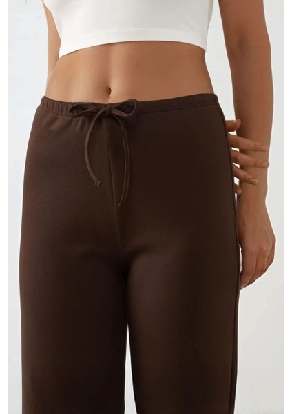 Kadın Geniş Paça Dokulu Uzun Pantolon Mocha Kahvesi