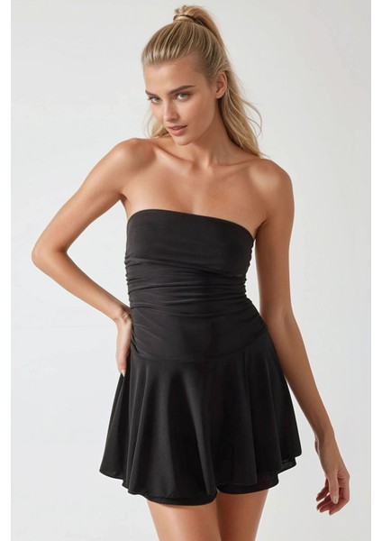 Kadın Straplez Volanlı Patenci Mini Elbise Black
