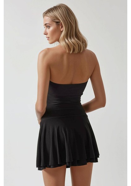 Kadın Straplez Volanlı Patenci Mini Elbise Black