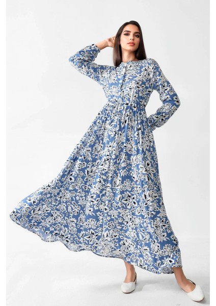 Kadın Gömlek Yaka Desenli Viskon Modest Elbise Bebek Mavisi