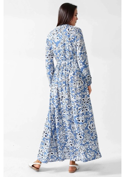 Kadın Gömlek Yaka Desenli Viskon Modest Elbise Bebek Mavisi