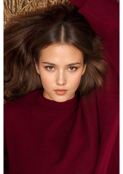 Kadın Rahat Bisiklet Yaka Triko Kazak Bordo Kırmızı