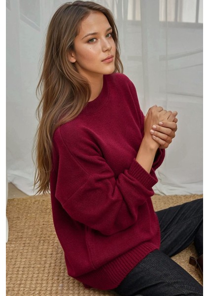 Kadın Rahat Bisiklet Yaka Triko Kazak Bordo Kırmızı