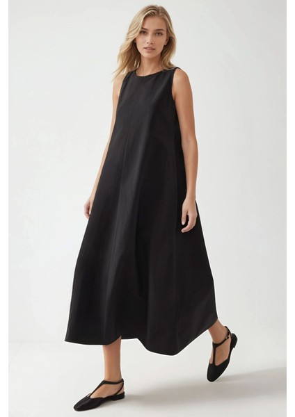 Kadın Mixray Collection Bisiklet yaka, kolsuz A-Form Maxi Elbise Black