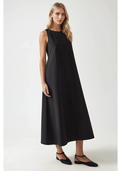 Kadın Mixray Collection Bisiklet yaka, kolsuz A-Form Maxi Elbise Black