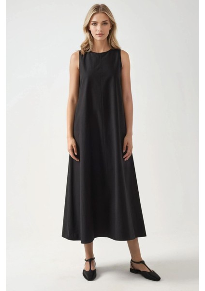 Kadın Mixray Collection Bisiklet yaka, kolsuz A-Form Maxi Elbise Black