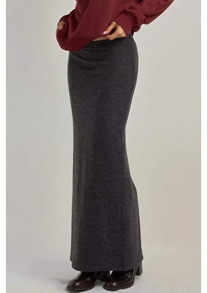 Kadın Elastik Bel Yumuşak Dokulu Yırtmaçlı Etek Koyu Gri