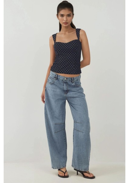 Kadın Kalp Yaka Arkası Gipeli Askılı Tül Bluz Lacivert