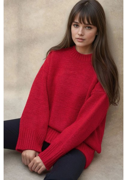 Kadın Kalın Örgü Düz Yaka Kazak Kırmızı