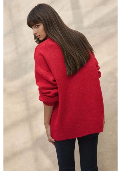 Kadın Kalın Örgü Düz Yaka Kazak Kırmızı