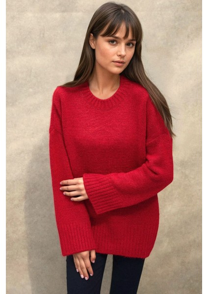 Kadın Kalın Örgü Düz Yaka Kazak Kırmızı