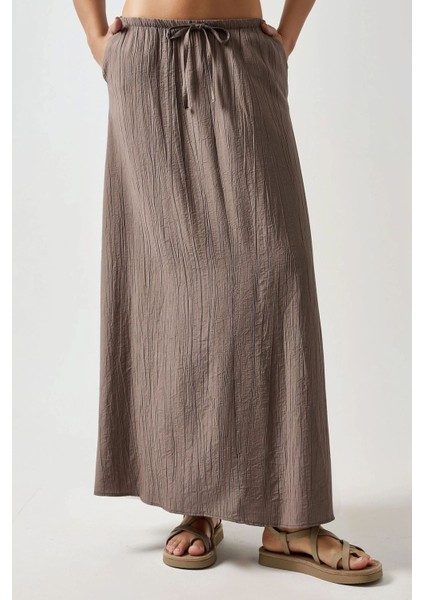 Kadın Yüksek Bel Dokulu Uzun Etek Grey